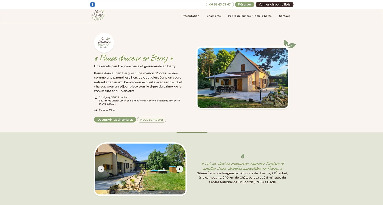 Page de présentation du site Pause Douceur en Berry